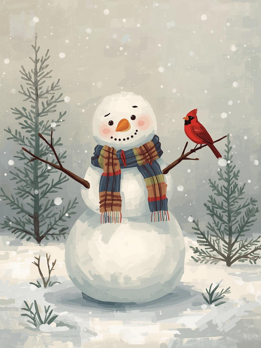 Paint by Number Cute Snowman with Cardinal on Twig Hand – Adorable Christmas Acrylic Paint by Number Kit