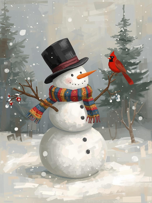 Paint by Number Snowman and Cardinal in Pine Forest – Winter Friendship DIY Paint Kit for Adults