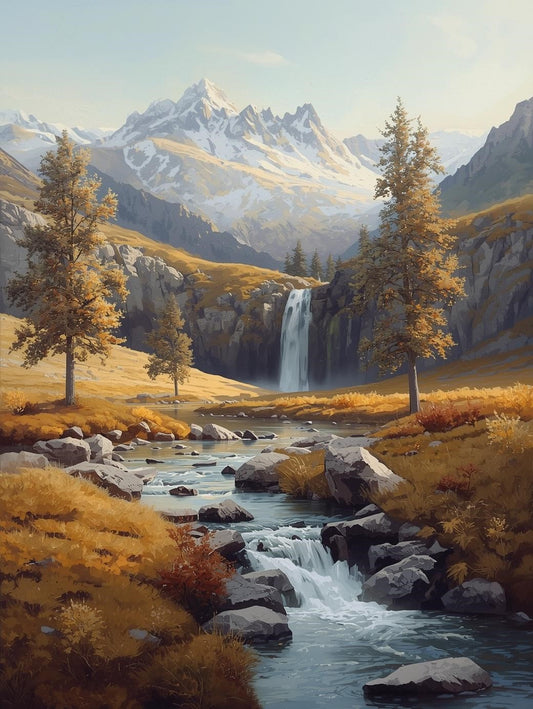 Paint by Number Mountain Waterfall with Autumn Trees - DIY Canvas Paint by Number Kit