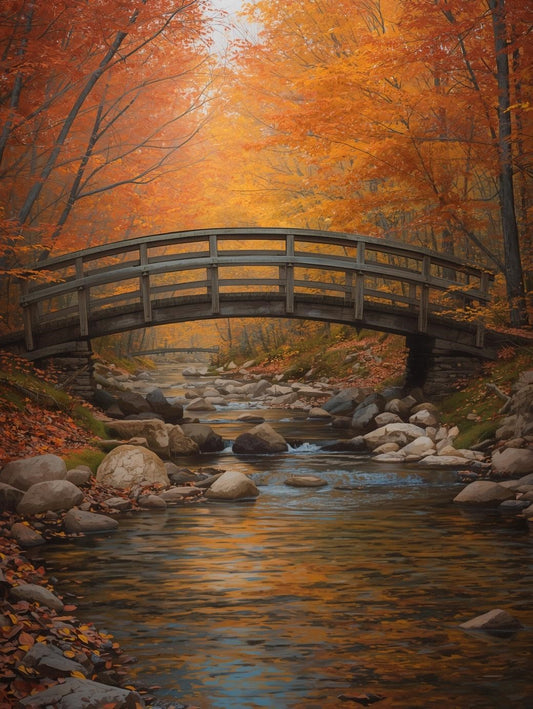 Paint by Number Autumn Bridge Over Mountain Stream - DIY Canvas Paint by Number Kit