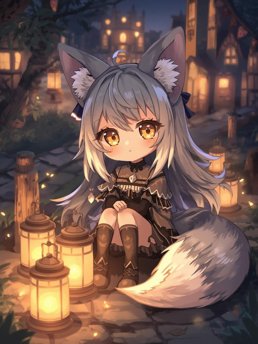 Paint by Number Fox Girl Sitting Among Glowing Lanterns - Fantasy Anime Paint by Number Kit