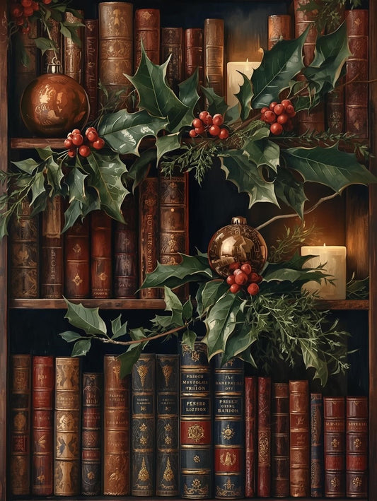 Paint by Number Vintage Christmas Bookshelf with Holly and Candlelight – Cozy Holiday Kit for Adults