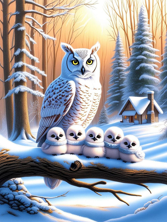 Paint by Number Snowy Snug Owl Family