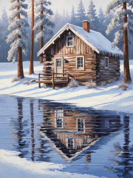 Paint by Number Snowy Cabin and Pine Trees