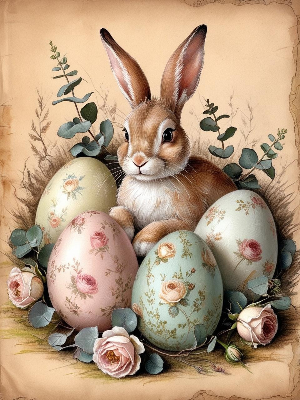 Paint by Number Vintage Bunny & Hand-Painted Eggs