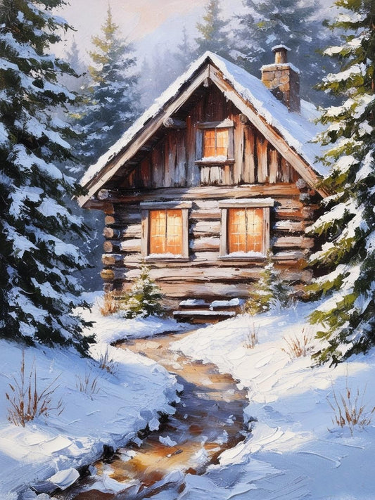 Paint by Number Snowy Pines and Winter Cabin