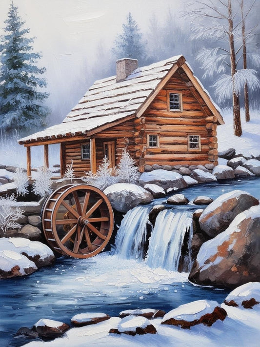 Paint by Number Cozy Cabin in Snowy Hills