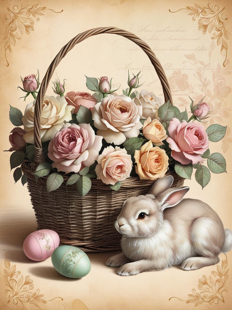 Paint by Number Antique Bunny and a Blooming Basket