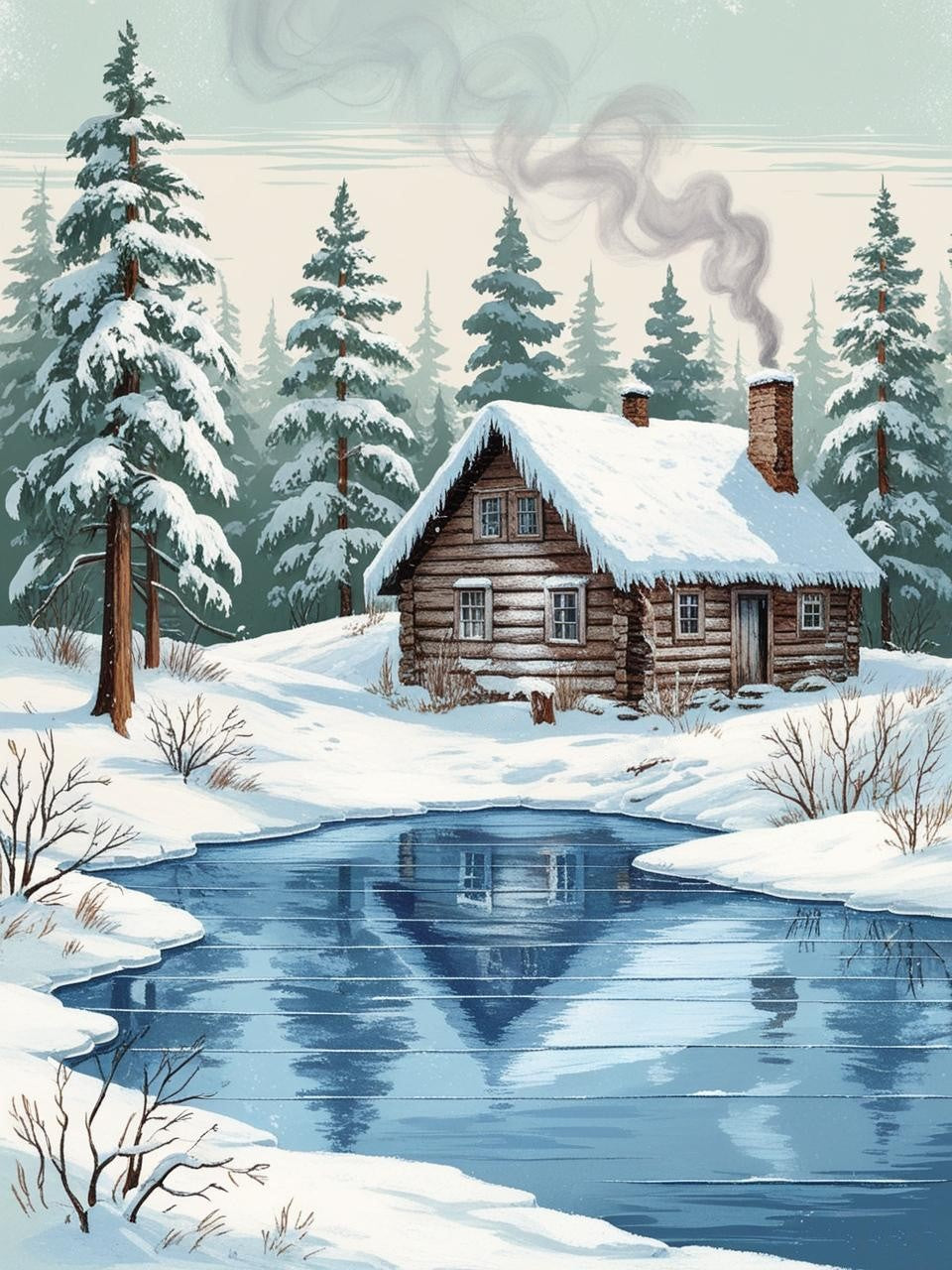 Paint by Number Winter Cabin with Falling Snow