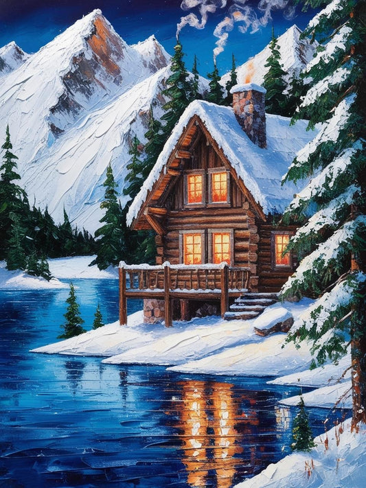 Paint by Number Cabin Glow in Winter Twilight