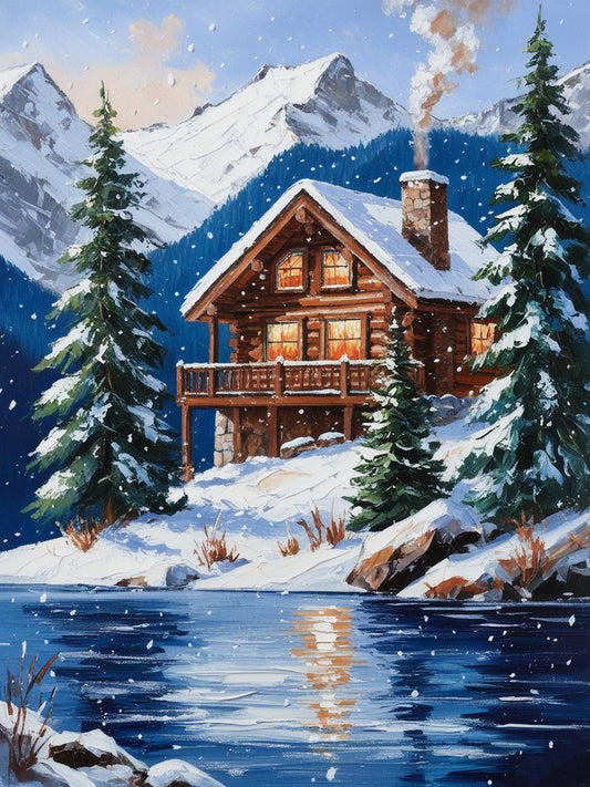 Paint by Number Cabin Among Icy Pines