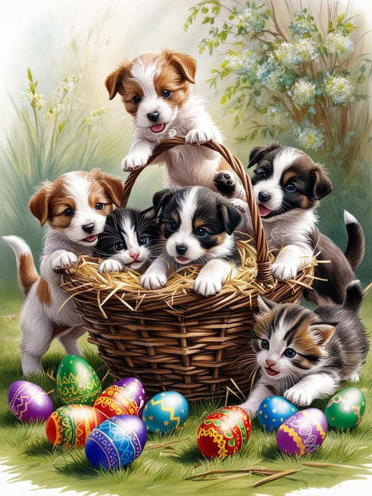 Paint by Number Soft-Fur Puppies and Kittens in an Easter Basket