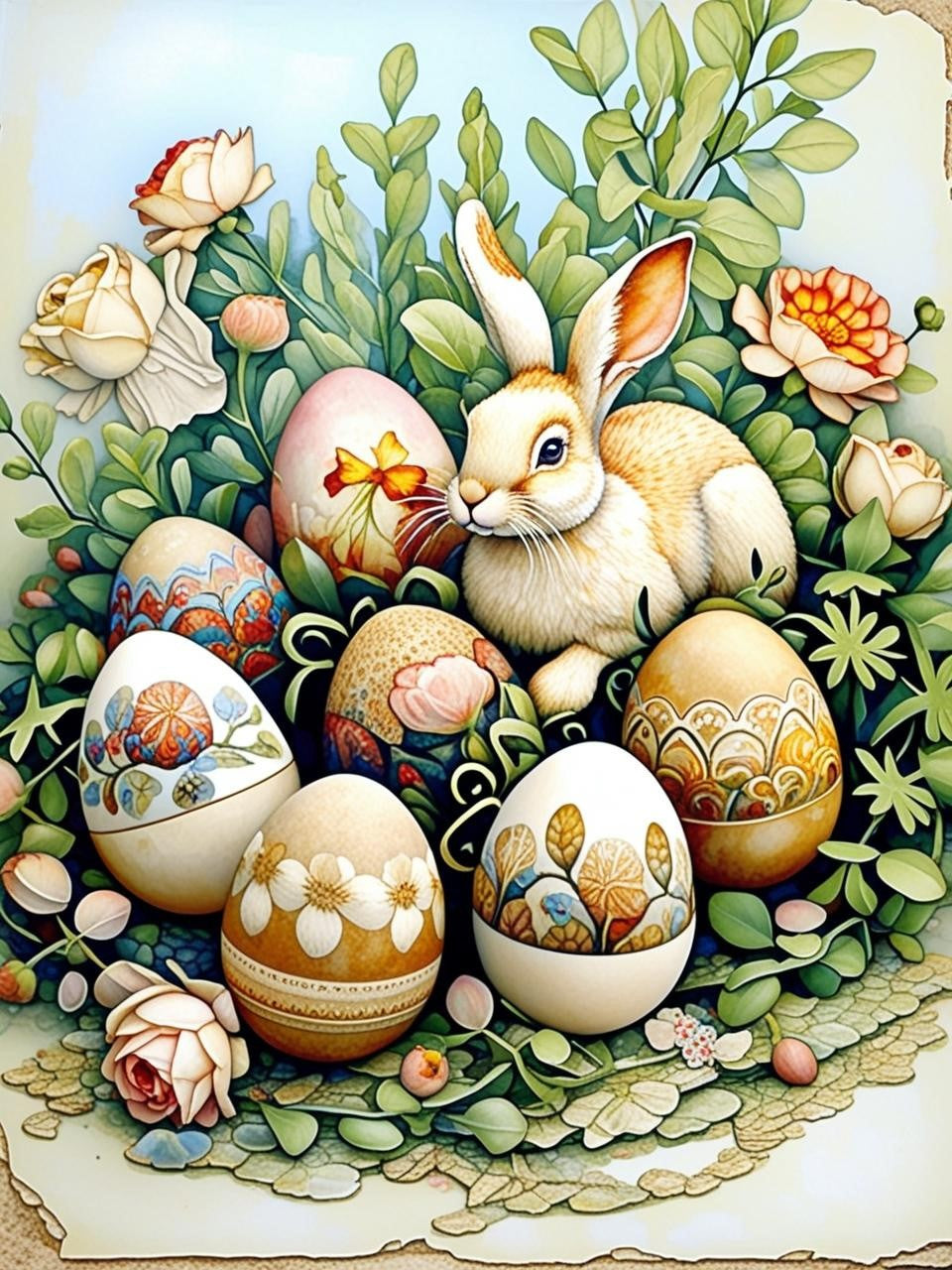 Paint by Number Old-World Bunny Surrounded by Easter Blossoms