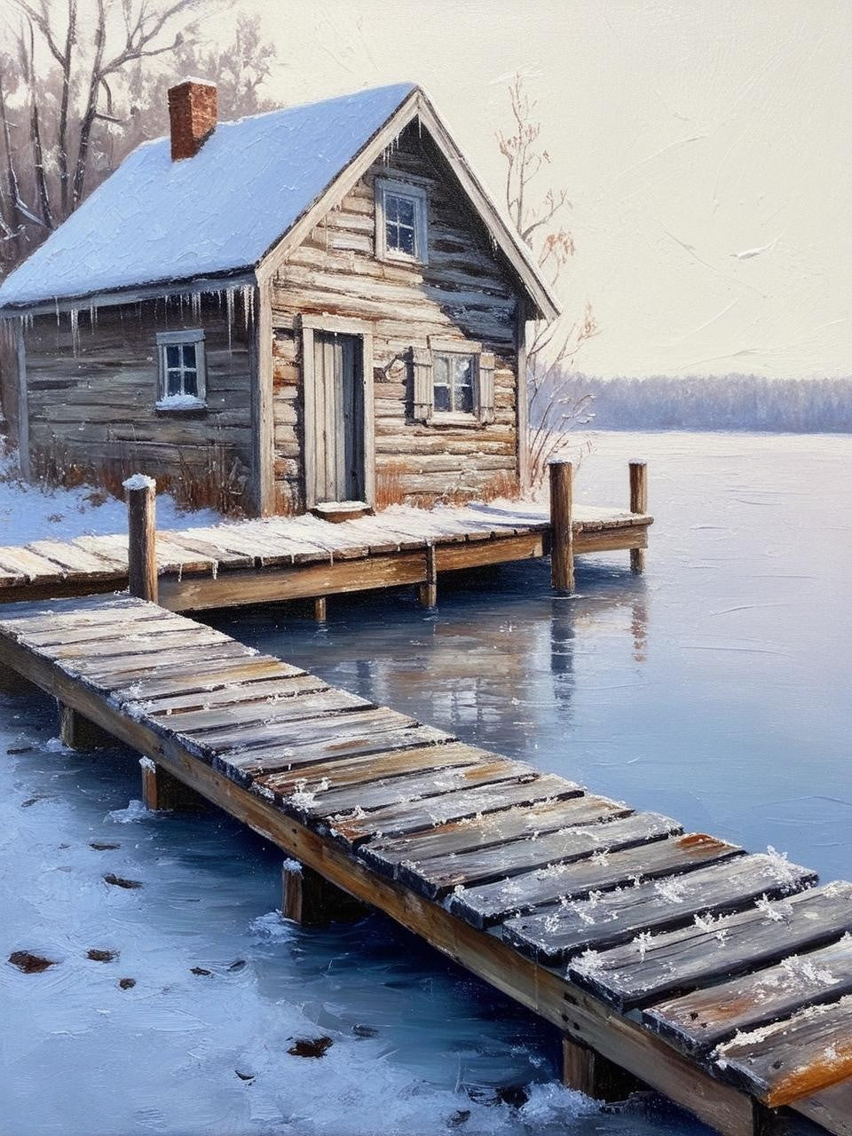 Paint by Number Cabin Dock in a Snowy Hollow