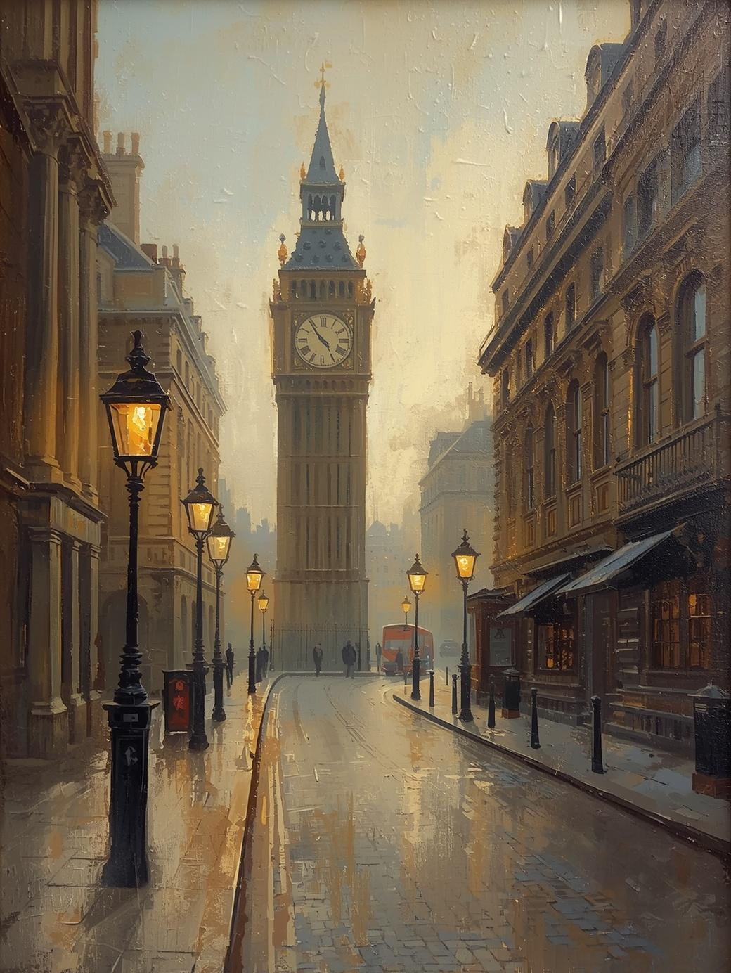Paint by Number London Big Ben Street with Red Bus – DIY Painting Kit for Adults