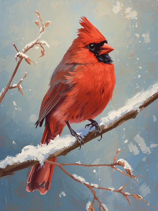 Paint by Number Red Cardinal on Snow Covered Branch – Winter Bird Canvas Paint by Number Kit