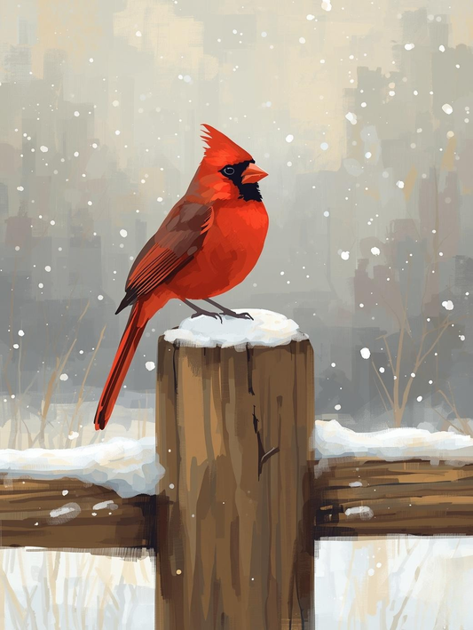 Paint by Number Red Cardinal on Snowy Fence Post – Winter Wildlife Paint by Number Kit for Adults