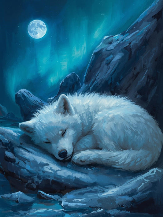 Paint by Number Sleeping Arctic Fox Under Northern Moonlight - Painting Kit for Adults