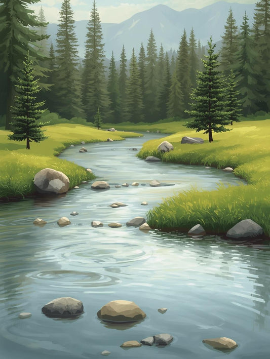 Paint by Number Peaceful Mountain Creek Scene - DIY Canvas Paint Kit