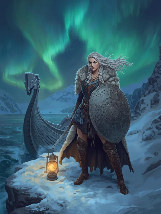 Paint by Number Nordic Shieldmaiden Beneath the Aurora – Adult Paint by Number Canvas