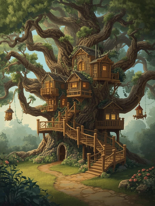 Paint by Number Enchanted Treehouse Village – Paint by Number Kit for Adults