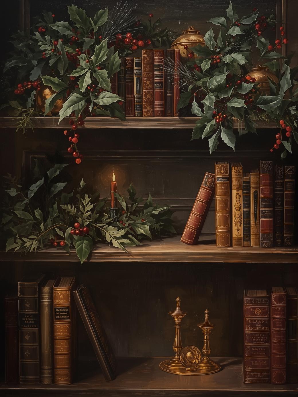 Paint by Numb Christmas Bookshelf with Holly and Candlelight – Holiday Paint by Numbers Kit for Adults