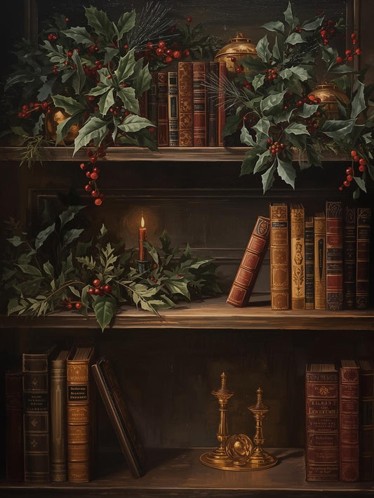 Paint by Numb Christmas Bookshelf with Holly and Candlelight – Holiday Paint by Numbers Kit for Adults