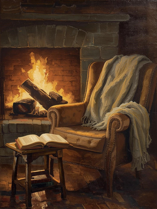 Paint by Number Cozy Fireplace Reading Chair Scene – Warm Cabin Paint by Numbers Kit