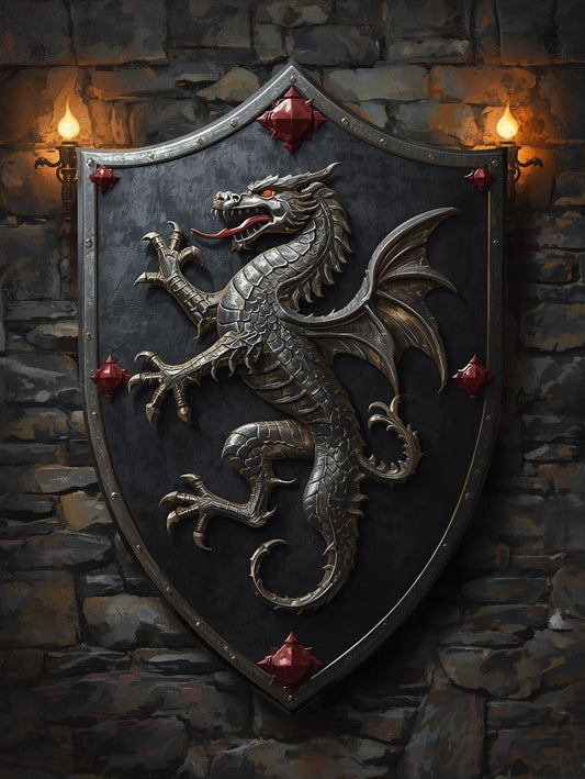 Paint by Number Black Dragon Crest Shield on Medieval Stone Wall – DIY Adult Painting Kit