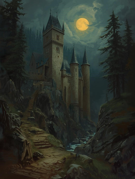 Paint by Number Moonlit Cliffside Castle in Mountain Pass – Acrylic Painting Kit for Adults