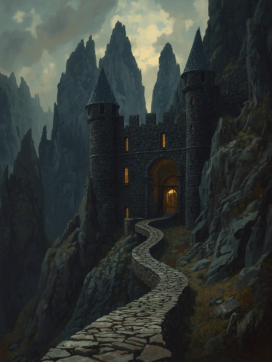 Paint by Number Dark Mountain Fortress with Stone Path – DIY Paint by Number Canvas Kit