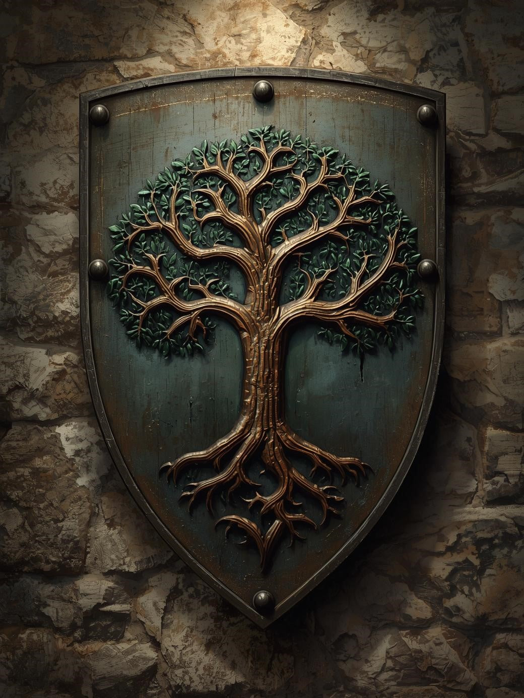 Paint by Number Ancient Tree Crest Shield on Castle Wall – Relaxing Paint by Number Art Kit