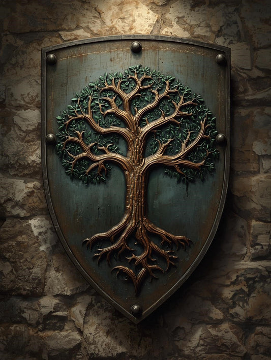 Paint by Number Ancient Tree Crest Shield on Castle Wall – Relaxing Paint by Number Art Kit