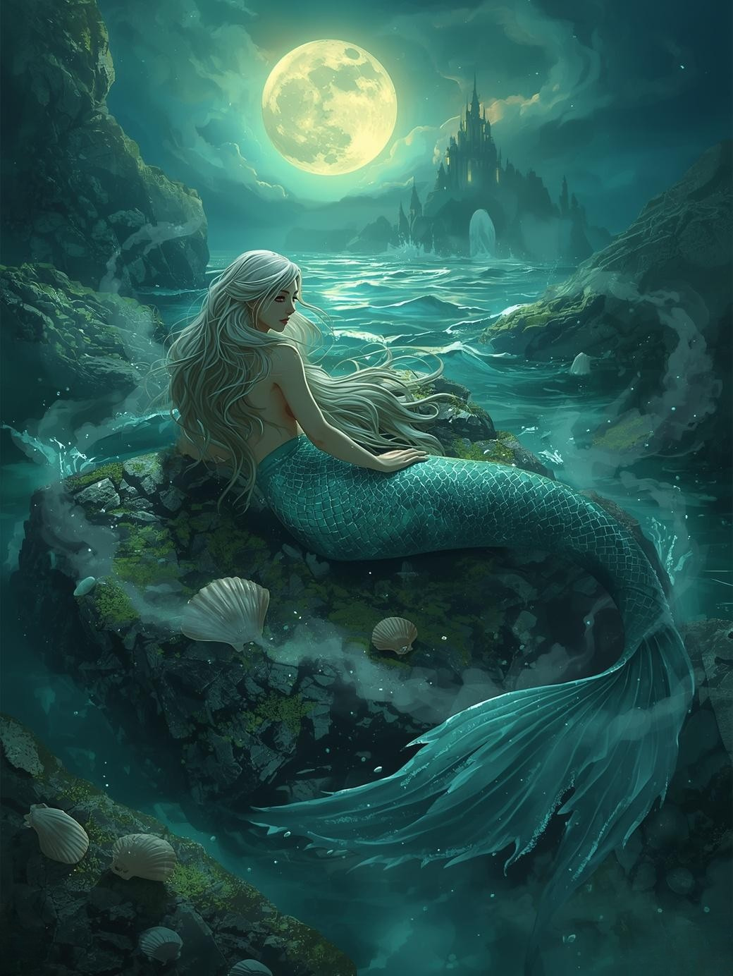 Paint by Number Mermaid Beneath the Moonlit Castle Sky - Canvas Kit for Adults