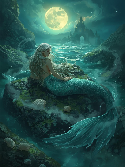 Paint by Number Mermaid Beneath the Moonlit Castle Sky - Canvas Kit for Adults