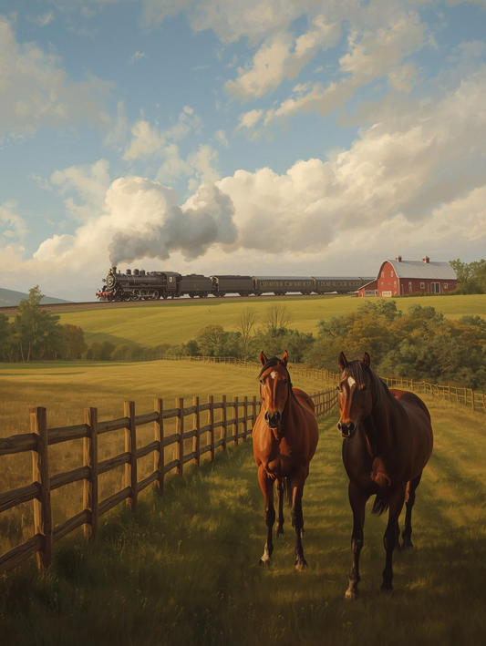 Paint by Number Steam Train Along Farm Road with Horses – Rustic Scene Canvas DIY Kit for Adults