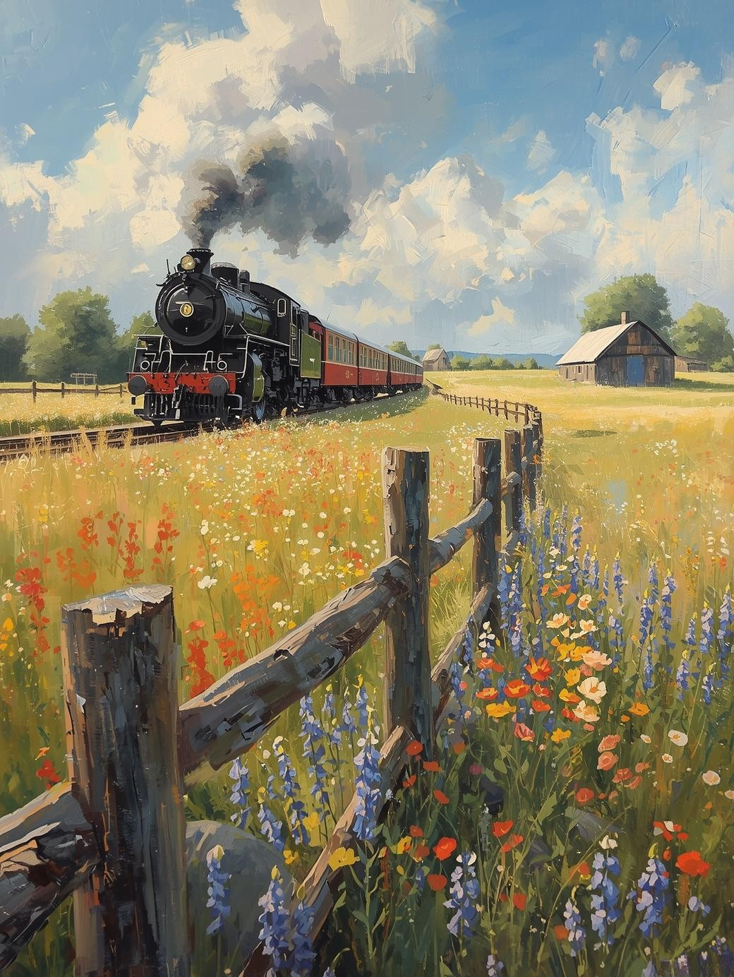 Paint by Number Locomotive Crossing Farmland – Rustic Countryside Canvas DIY Kit for Adults