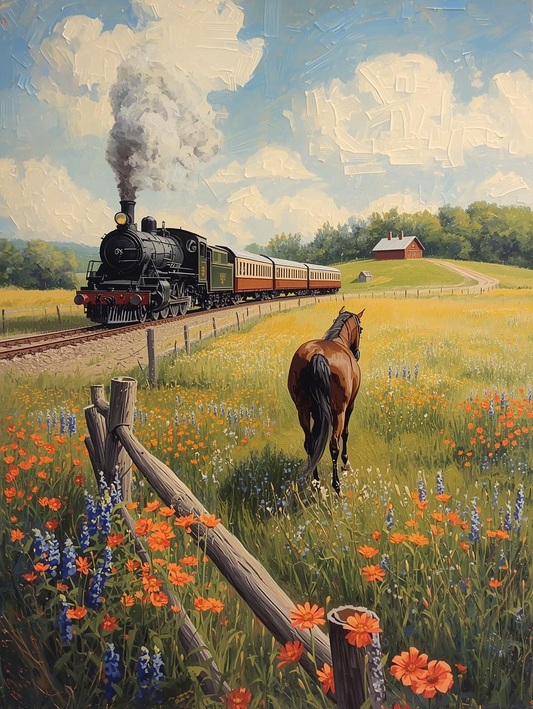 Paint by Number Train Passing Horse at Sunset – Peaceful Farm Canvas DIY Kit for Adults