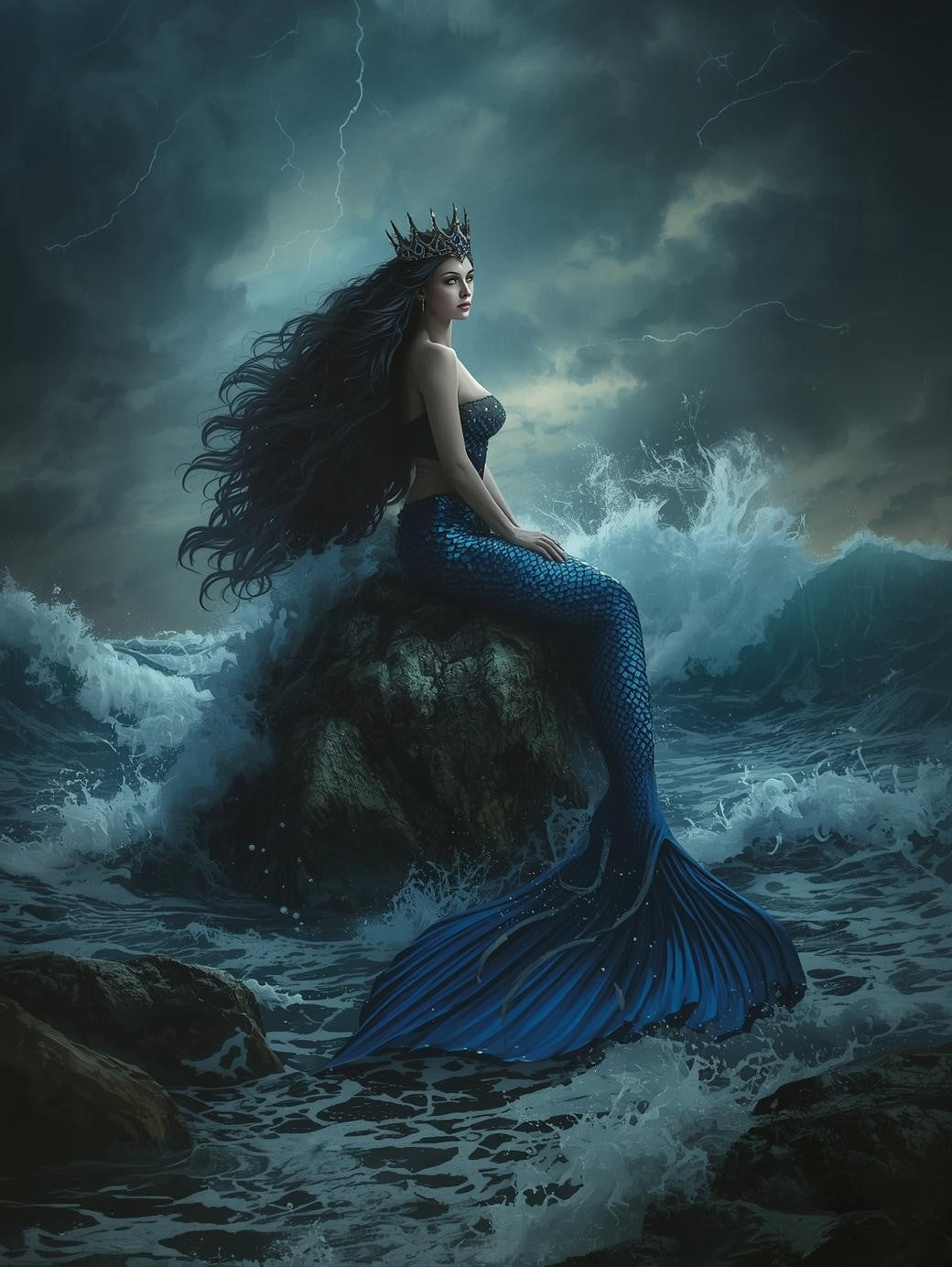 Paint by Number Storm Queen Mermaid on the Ocean Rocks - Adult Paint by Number Kit