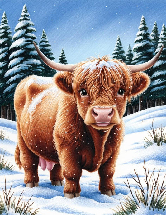 Paint by Number Winter Whimsy - Adorable Baby Highland Cow in the Snow