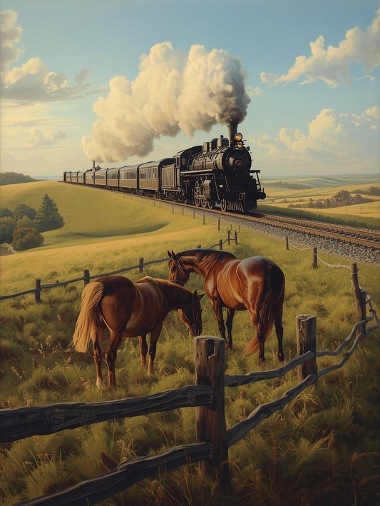 Paint by Number Steam Engine Through Golden Fields with Horses – Majestic Countryside Acrylic Paint by Number Kit