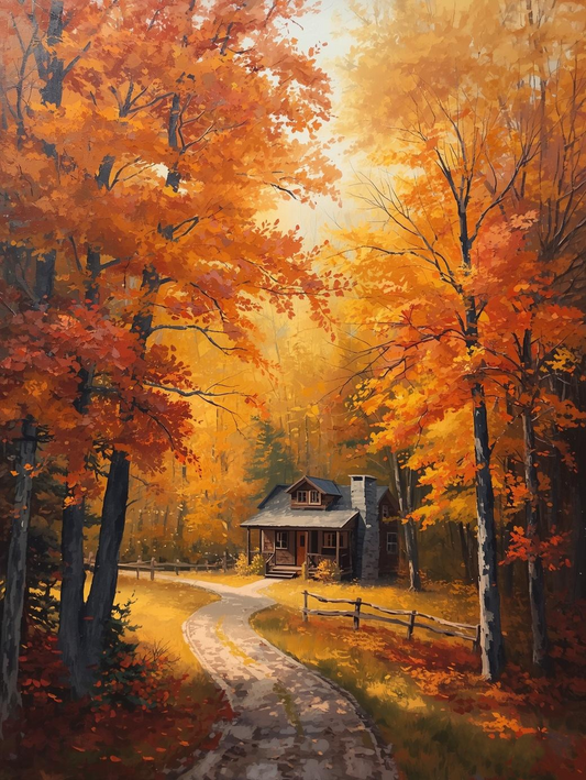 Paint by Number Cozy Cabin in Vibrant Fall Woods – Canvas Art Kit