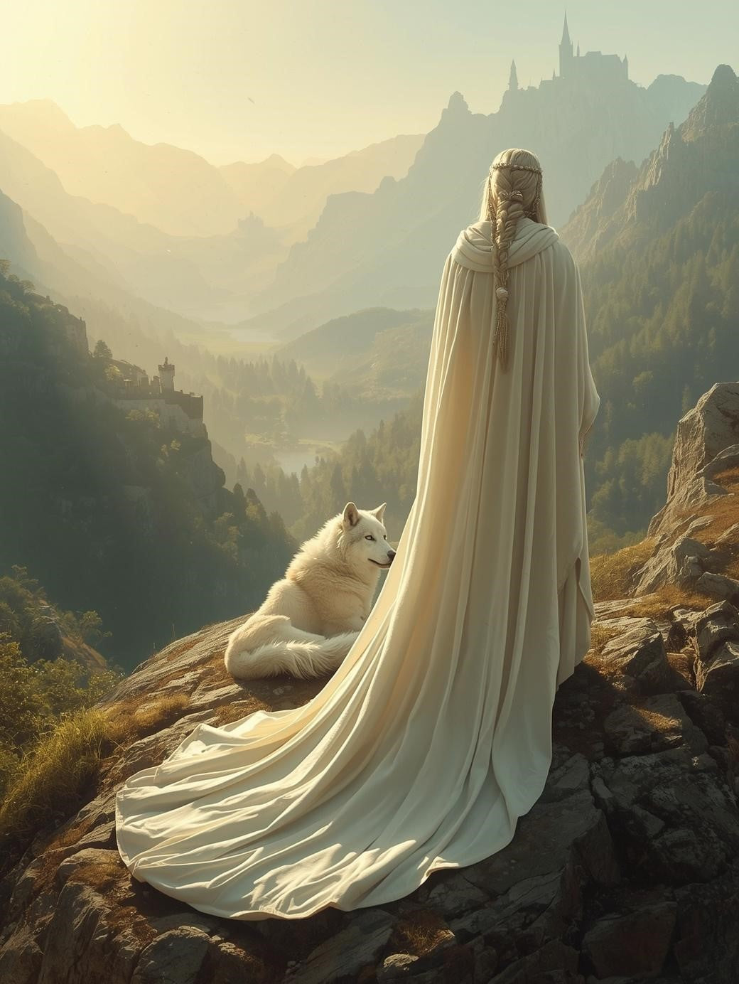 Paint by Number White Cloaked Queen with Arctic Wolf in Fantasy Valley – DIY Adult Painting Kit