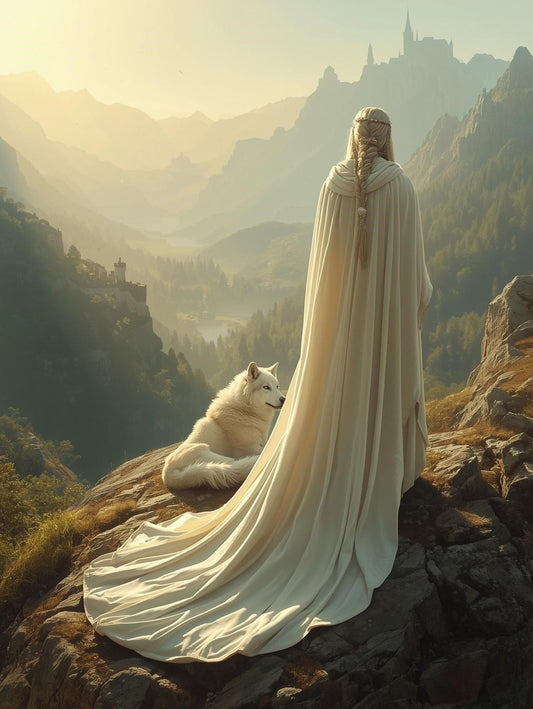 Paint by Number White Cloaked Queen with Arctic Wolf in Fantasy Valley – DIY Adult Painting Kit