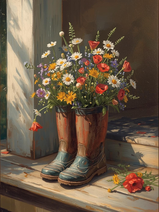 Paint By Number Wildflower Bouquet in Garden Boots – Adult Canvas DIY Kit, Colorful Rustic Flowers & Charming Country Decor