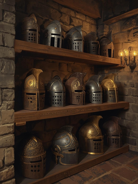 Paint by Number Medieval Armor Helmet Collection on Castle Shelves – Acrylic Painting Kit for Adults