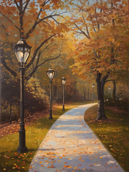 Paint by Number Tree Lined Park Path with Lamps – Acrylic Painting Kit for Adults
