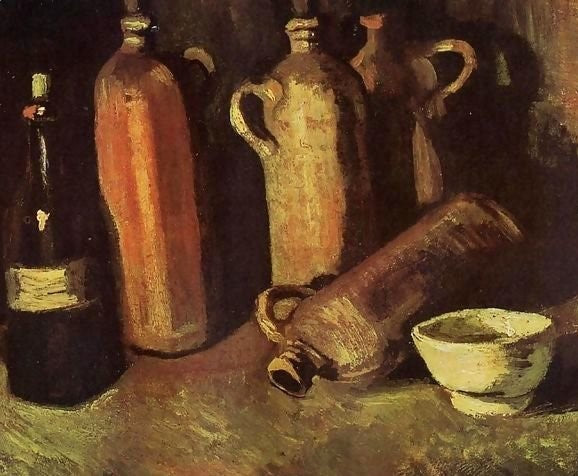 With Four Stone Bottles, Flask And White Cup By Vincent Van Gogh